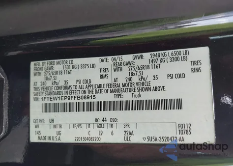 2015 Ford F-150 Xlt из США, поврежденный, VIN 1FTEW1EP9FFB08915